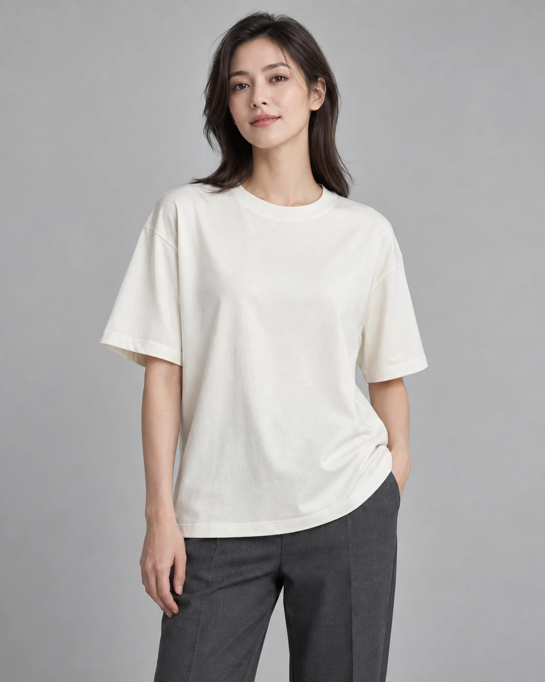 AI-generated T-shirt styling concept: adult model in an ivory T-shirt and graphite trousers