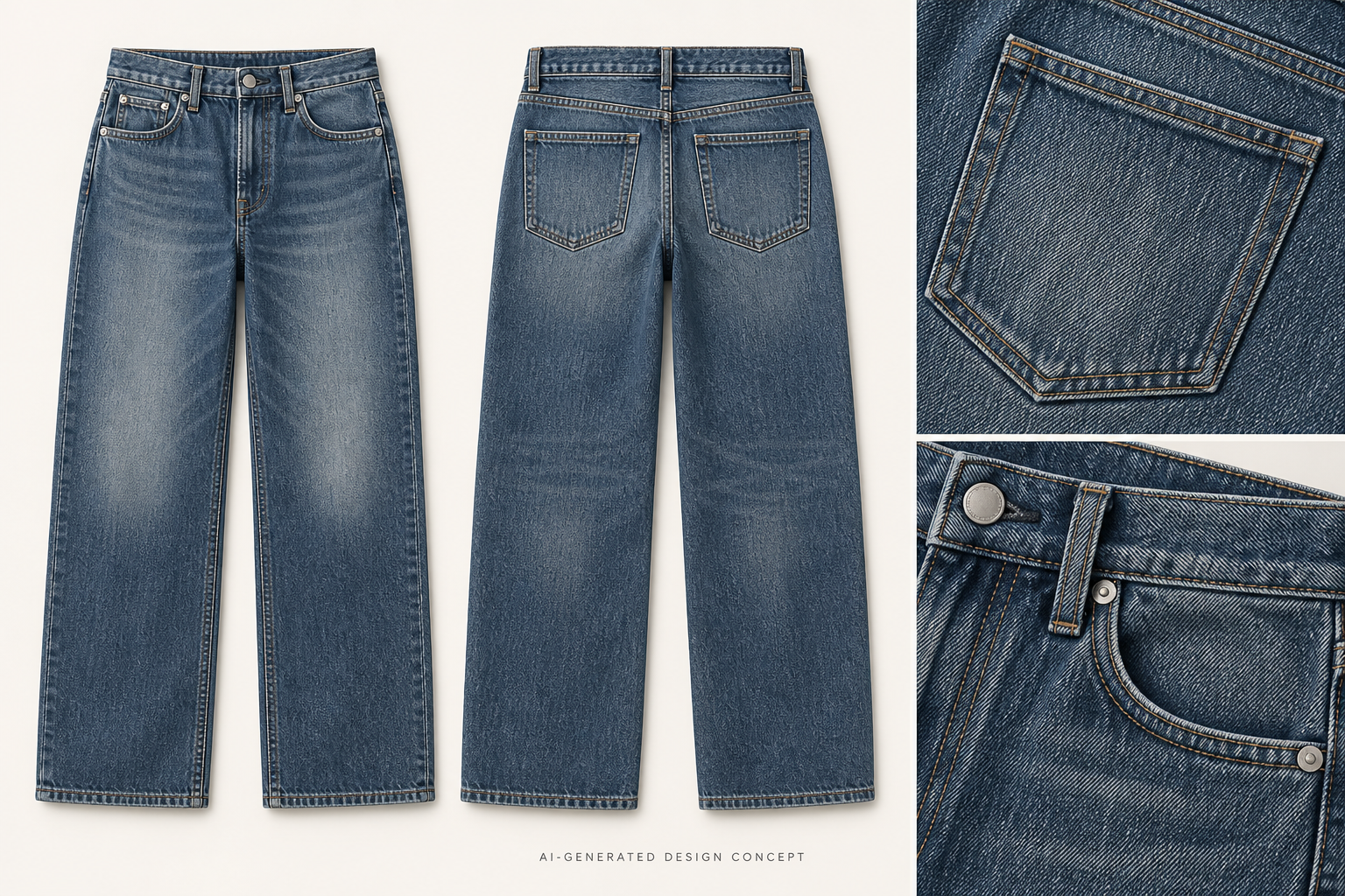 Denim development concept — AI-generated visual reference, not a completed physical sample.