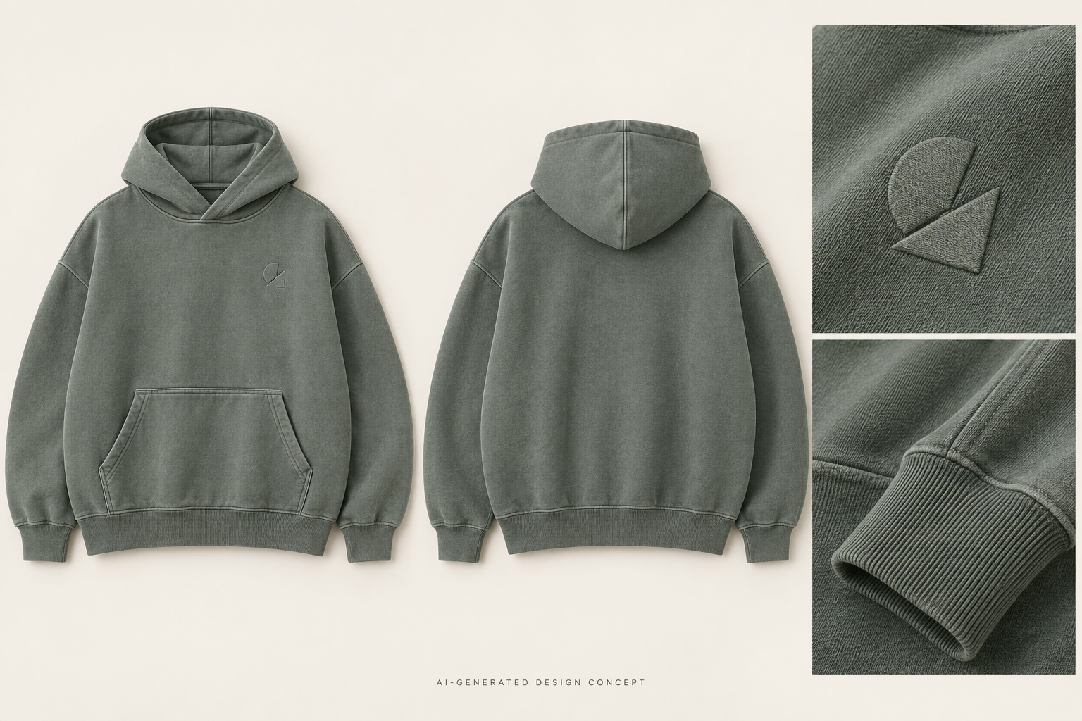 Hoodie development concept — AI-generated visual reference, not a completed physical sample.