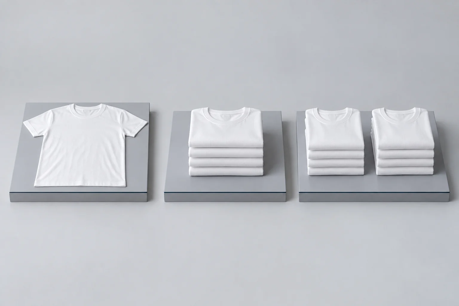 AI-generated planning illustration showing one sample T-shirt, a small folded group and two separate repeat-order groups