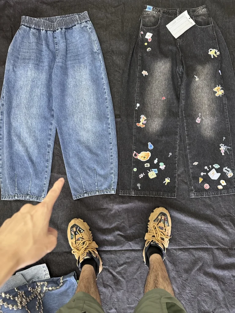 Two shorter denim silhouettes with plain and decorated surfaces.