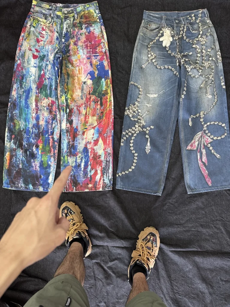 Colourful and decorated denim garment references.