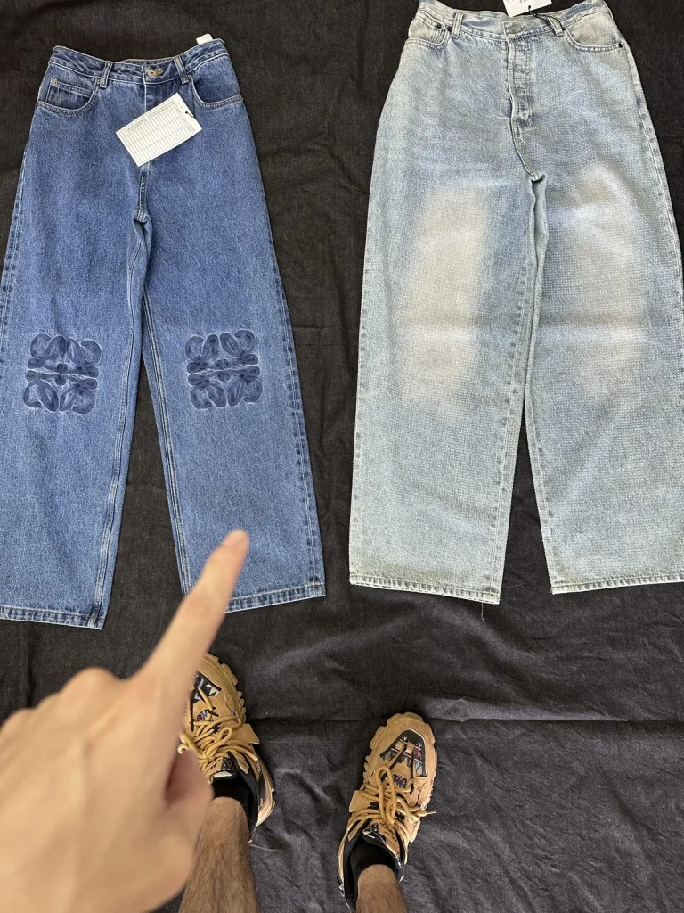 Indigo and light-wash trousers with contrasting surface details.
