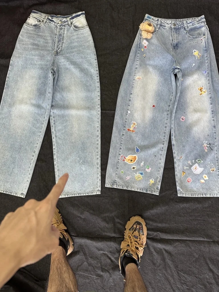 Light-wash garments with different surface treatments and motifs.