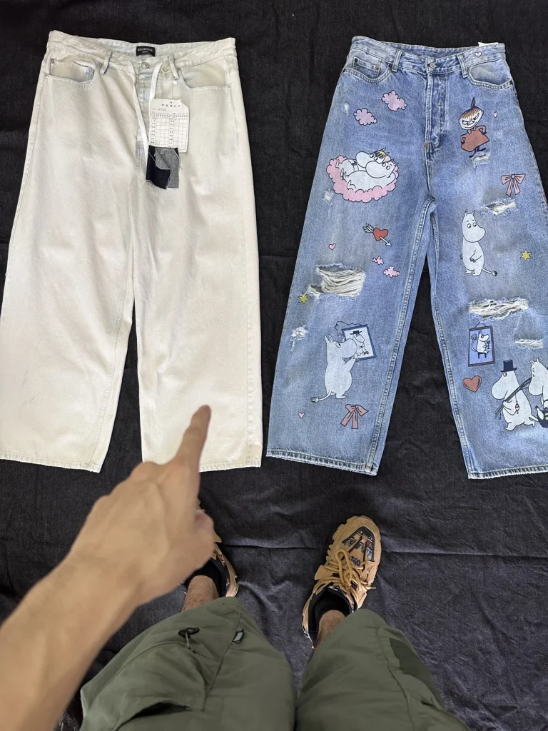 Off-white and light-blue garments shown as reference directions.