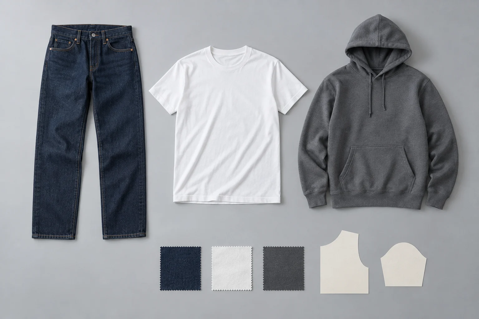 AI-generated planning illustration with denim, a T-shirt, a hoodie, fabric swatches and pattern shapes